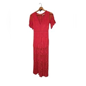 Say What? Vibrant Red Lace Maxi Dress Vixon Lolita Sheer Leg Y2K Fairy GRUNGE